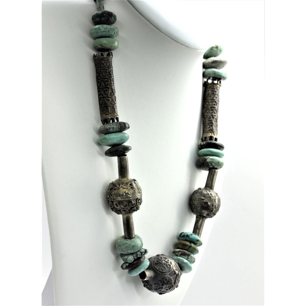 ANTIQUE 925 STERLING Moroccan  Berber necklace turquoise 20"  117.9 grams